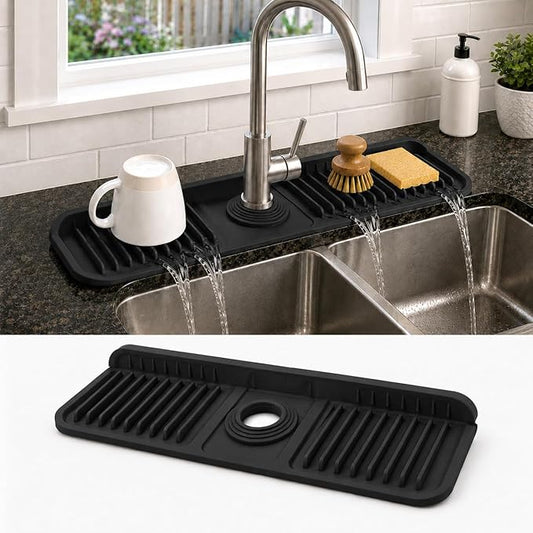 17" Silicone Faucet Handle Drip Catcher Tray,7° Sloped Self Draining Mat with Snap-on Design & Soap Holder, Sink Splash Guard for Kitchen & Bathroom, Trim-to-Fit Opening