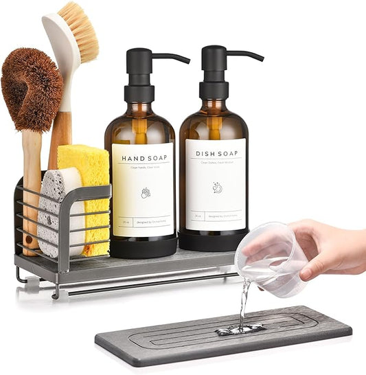 Kitchen Soap Dispenser Set with Drying Tray – 16oz Glass Bottles with Stainless Steel Pumps, Sink Organizer Caddy with Brush Holder & Non-Slip Feet – All-in-One Dish & Hand Soap Station