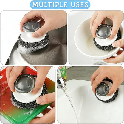 8 Pcs Stainless Steel Scrubber Steel Wool Scrubber Tool Scrubbing Scouring Brush Ball with Handle for Home Kitchen Pots Pans