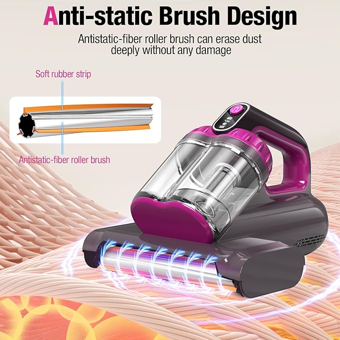 BYHUME Mattress Vacuum Cleaner, 17Kpa Bed Vacuum Cleaner, 273nm UV-C Light & Ultrasonic 145°F Heating, 80000 RPM/Min Brushroll Rotation, Wide Suction Port for Pillows Cribs Sofa, Black Corded