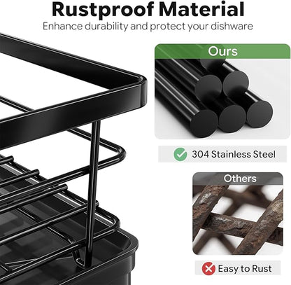 Simple Trending Dish Drying Rack, Stainless Steel Dish Rack for Kitchen Counter, Space-Saving Dish Drainer with Utensil Holder and Drainboard, 12''W x 17''L, Black