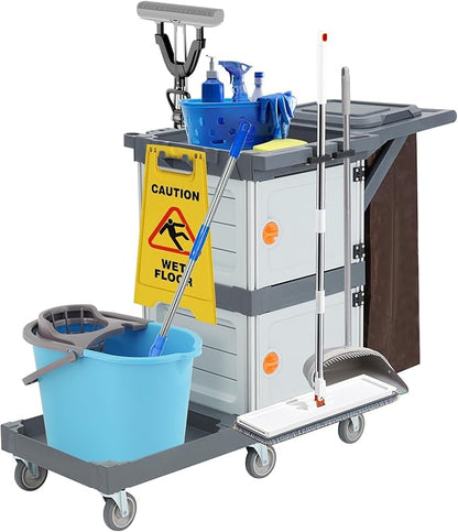 Commercial 3-Shelf Janitorial Cart with 2 Cabinet,Commercial Cleaning Cart on Wheels with Cover, Shelves, and Oxford Bag, Housekeeping Cleaning Caddy Service Carts for School Hotel Apartment