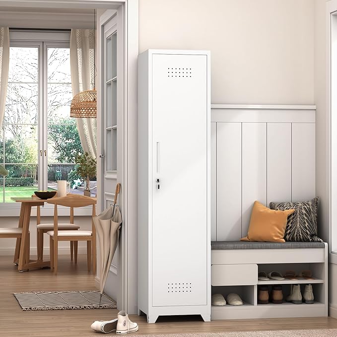 GREATMEET Slim Metal Utility Cleaning Storage Cabinet with Single Door, Narrow Tool Organizer for Brooms, Mops & Cleaning Supplies, Garage & Laundry Room Use, White