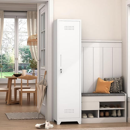 GREATMEET Slim Metal Utility Cleaning Storage Cabinet with Single Door, Narrow Tool Organizer for Brooms, Mops & Cleaning Supplies, Garage & Laundry Room Use, White