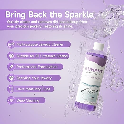 kunphy Upgraded Jewelry Cleaner, New Plant Formula for All Ultrasonic Cleaners, Enhanced Cleaning Effect, Multi-Purpose Glasses cleaner for Silver, Gold, Rings, Diamond and Eyeglass(8.5 oz, 250 ml)