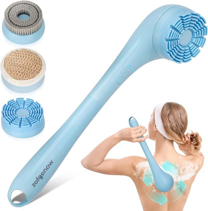 ZOFGENOW Electric Body Brush, Waterproof Back Scrubber for Shower with Long Handle and 3 Heads, Rechargeable Exfoliating Brush for Body and Foot, Deep Cleansing Massager, Blue