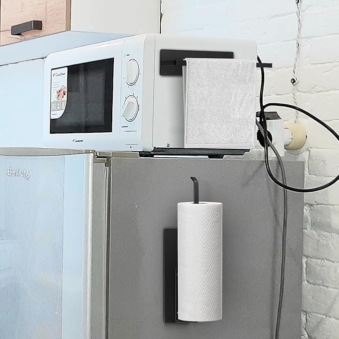Black Paper Towel Holder, Magnetic Paper Towel Holder for Fridge, Toilet Paper Roll Holder Magnet Towel Rack Wall Mount Fridge Organizer for Paper Towels Rolls Bathroom Pantry RV Kitchen Storage