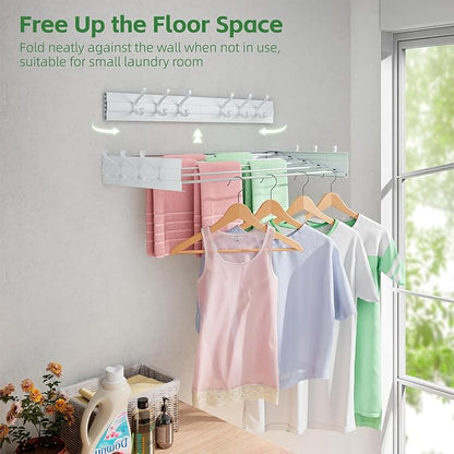 BAKON Clothes Drying Rack Wall Mounted 40", Laundry Clothes Drying Rack Collapsible with 6 Towel Hooks and 5 Rods for Hanging Clothes, Space Saving Laundry Rack for Small Space Bathroom Bedroom(40")