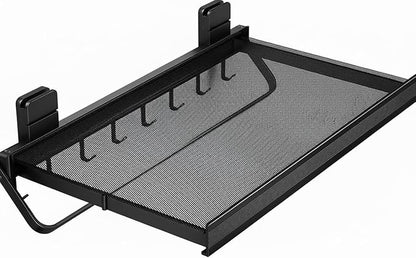 Retractable Wall Mounted Bathroom Clothes Rack with Foldable Towel Bar,6 Movable Hooks and Underwear Drying Net,Space Saving Organizer (Black)