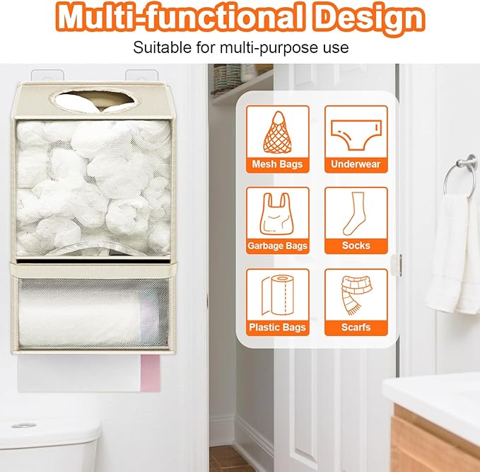 Spaclear Plastic Bag Holder - Large Wall Mount Grocery Bag Holder & Dispenser for Home Kitchen, 2-in-1 Space-Saving Durable Organizer House Necessities, Beige
