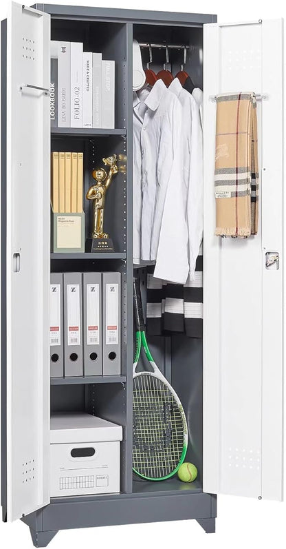 65"H Metal Broom Closet Storage Cabinet, Freestanding Garage Storage Cabinet with Hanging Rod and Locking Doors, Bathroom Storage Cabinet, Cleaning Tool Cabinet for Garage Patio Garden, Grey White