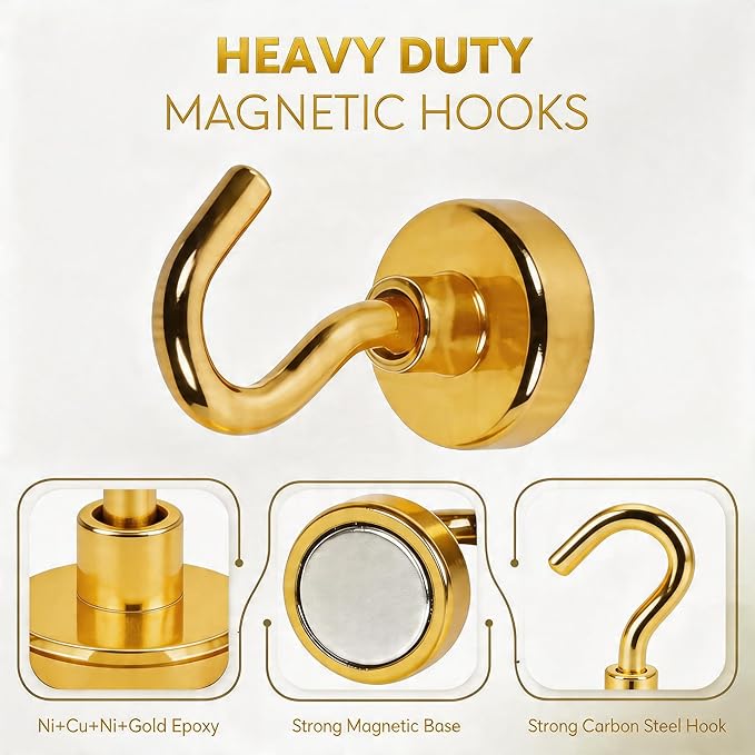 Neosmuk Magnetic Hooks, Heavy Duty 30lb+ Strong Magnet Hook for Cruise Cabins, Cruise Ship Essentials for Hanging, Metal Wall Refrigerator Hangers (Gold, 10 Pack)