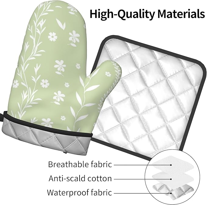Sage Green Oven Mitt Pot Holder Set Floral BBQ Cooking Gloves Farmhouse Botanical Baking Grilling Kitchen Gifts for Spring Summer