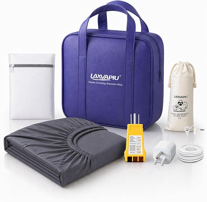 Grounding Sheets Twin XL 10% Silver Fiber Earth Connected Fitted Sheet Kit with Outlet Tester,Adapter,Cord,Wool Dryer Balls,Laundry Bag (39"x80"x15",Gray)