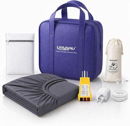 Grounding Sheets Twin XL 10% Silver Fiber Earth Connected Fitted Sheet Kit with Outlet Tester,Adapter,Cord,Wool Dryer Balls,Laundry Bag (39"x80"x15",Gray)