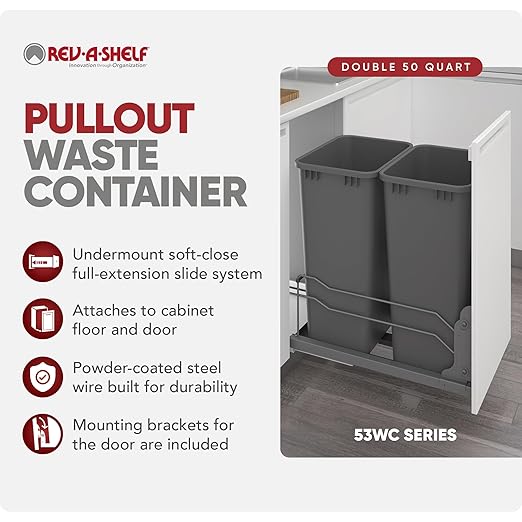 Rev-A-Shelf Double Pullout Trash Cans for Full Height Kitchen Cabinets 50 Quart 12.5 Gallon with Soft-Close Slides, 14.5" Min Opening, 53WC-2150SCDM-213