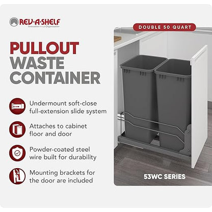 Rev-A-Shelf Double Pullout Trash Cans for Full Height Kitchen Cabinets 50 Quart 12.5 Gallon with Soft-Close Slides, 14.5" Min Opening, 53WC-2150SCDM-213