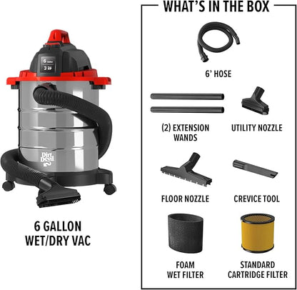 Dirt Devil 6 Gallon Corded Wet Dry Shop Vacuum, Portable, Heavy Duty Vacuum for Garage, Home, Workshop or Vehicle, Durable Design with Versatile Tools, Wet/Dry Shop Vac