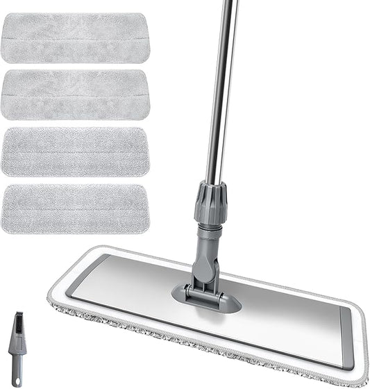 17.7" Microfiber Mop for Floor Cleaning, 59in Long Adjustable Stainless Steel Handle, 360° Rotating Large Flat Mops, 4 Washable Pads for Dry & Wet Cleaning for Hardwood, Vinyl, Laminate, Grey