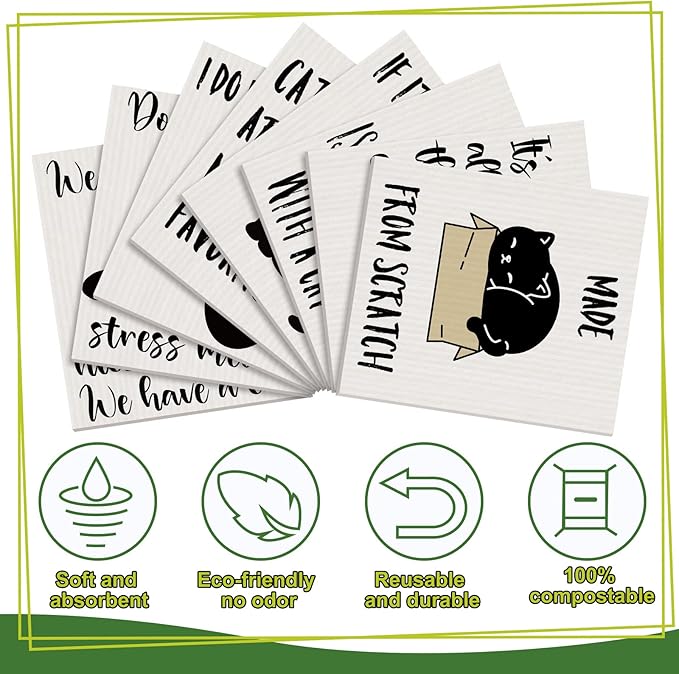 Funtery 8 Pcs Black Cat Swedish Kitchen Dishcloths Reusable Swedish Absorbent Sponge Cloths Washable Kitchen Dish Towel Quick Drying Decorative for Animal Lover Gifts for Women Hand Towel