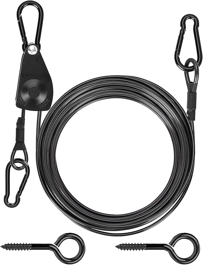 TooTaci 30ft Outdoor Clothesline Kit, 3/16" Black PVC Coated Wire Rope Portable Retractable Clothes Line Kit with Self-Locking Pulley, Screw Hook & Snap Hook for Camping, Backyard, RV, Travel