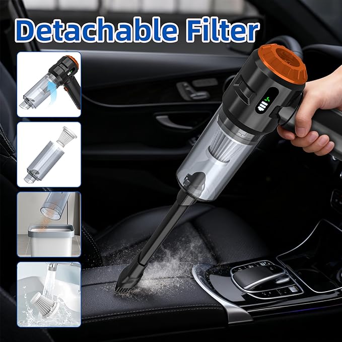 Sycoodeal Handheld Car Vacuum Cleaner, 25000PA Strong Cyclonic Suction Portable Mini Vacuum Cordless with Digital Display Lightweight for Pet Hair, Car, Home, Office, Kitchen (Orange)