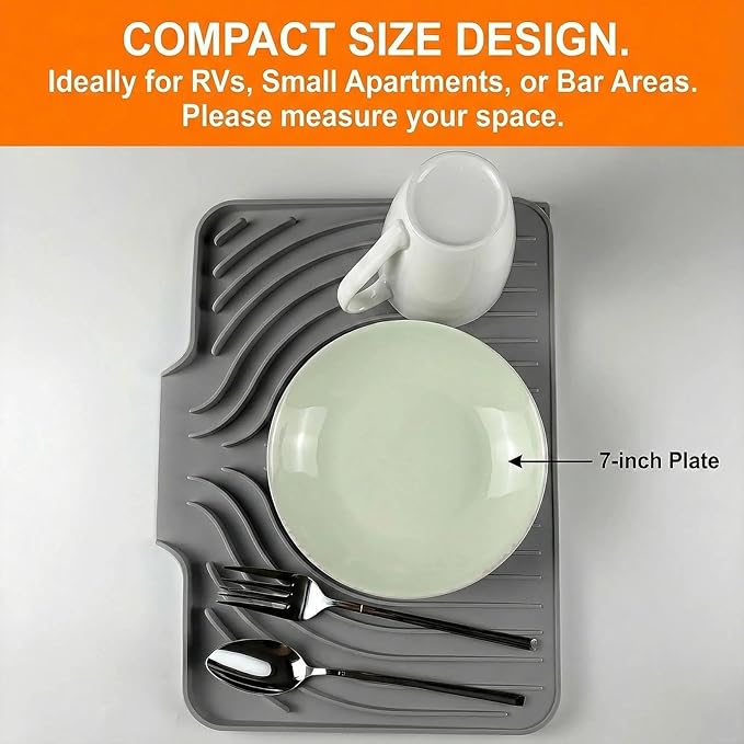 Dish Drying Mat for Kitchen Counter, with Built-in Drain Lip, Food-Grade Silicone, Easy Clean Pad for Countertop Protection, Multi-Functional Use (14.7x10.2, Grey)