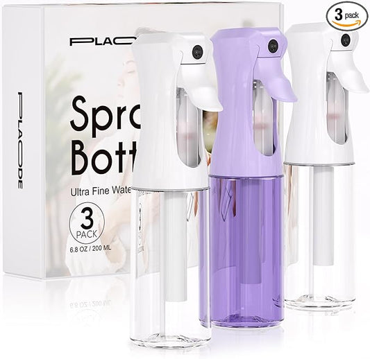 3 Pack Spray Bottle for Hair - Continuous Hair Spray Bottles Refillable Mister Sprayer for Hairstyling, Plants, Pets, Skincare, Cleaning (6.8 OZ/200ML, Purple+White+White)