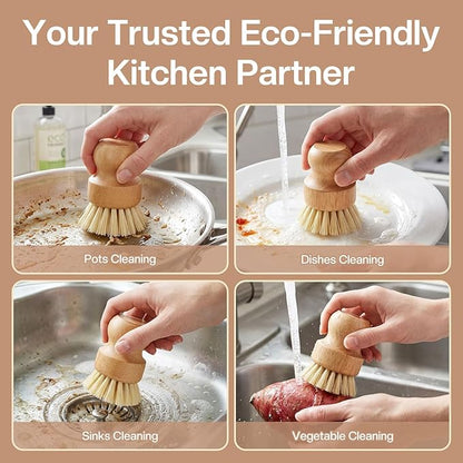 Wooden Dish Brush with Metal Stand Handheld Bamboo Wok Brush Scrubber for Dishes Pans Pots Fruit and Veggie Washing(1,Beige)