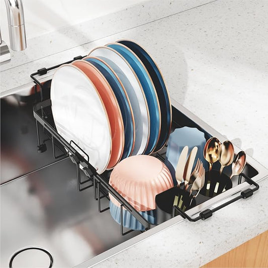 iSPECLE Small Sink Dish Drying Rack, 9.1" W Expandable Compact Rust Resistant Dish Drainer for RV Apartment Kitchen, Dish Rack with Lock Knob, Arms with Non Slip Rubber, Black