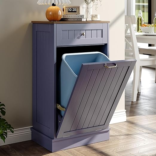 LOUVIXA Tilt Out Trash Can Cabinet, Hidden Trash Cabinet with Drawer, Wooden Dog Proof Trash Can Holder, Tilt Out Laundry Hamper, Garbage Can Holder (Gray-Blue)
