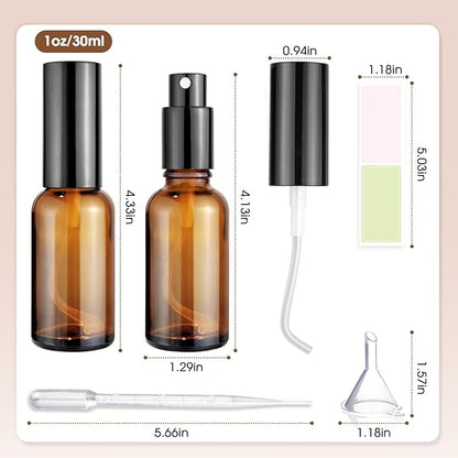 Showvigor 4-Pack 1oz/30ml Amber Glass Spray Bottles for Fine Mist | with 2 Extra Nozzles, Refillable Essential Oil, Toner, Hair Care & Cleaning Solutions Bottles Set | Leak-Proof, UV Protection