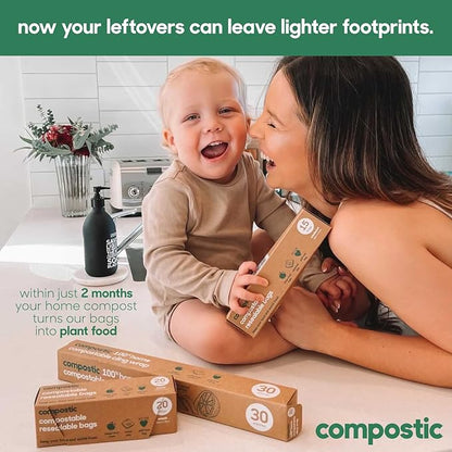 Compostic Compostable Gallon Bags (60 Count) Starter Pack — Resealable Zip-Seal, Plant-Based, Home Compostable, Freezer Safe, BPA-Free, Non-Toxic, GMO-Free Food Storage Bags