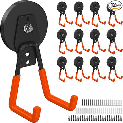12 Pcs Magnetic Hooks Heavy Duty, Large Strong Magnetic Storage Hook for Hanging Garage Tool, 66mm Magnet Hooks with Anti-Slip Coating, Magnetic Holder for Power Drill/Metal Cabinet/Garden Tools