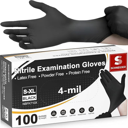 Schneider Nitrile Exam Gloves, 4 Mil Black Gloves Disposable Latex Free Powder Free, Food Safe for Cooking, Food Prep, Clean