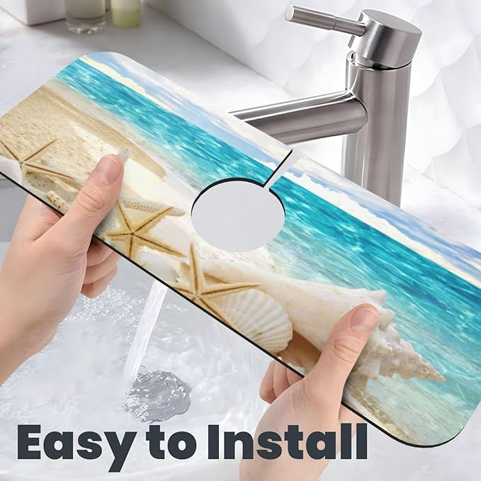 Beach Starfish Seashell Shell Summer Kitchen Sink Splash Guard Faucet Mat Super Absorbent Fast Drying Mat Sink Gadgets-Fast Drying Pad Sink Mat For Kitchen Bathroom (15" X 5.5" )
