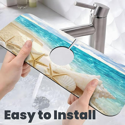 Beach Starfish Seashell Shell Summer Kitchen Sink Splash Guard Faucet Mat Super Absorbent Fast Drying Mat Sink Gadgets-Fast Drying Pad Sink Mat For Kitchen Bathroom (15" X 5.5" )