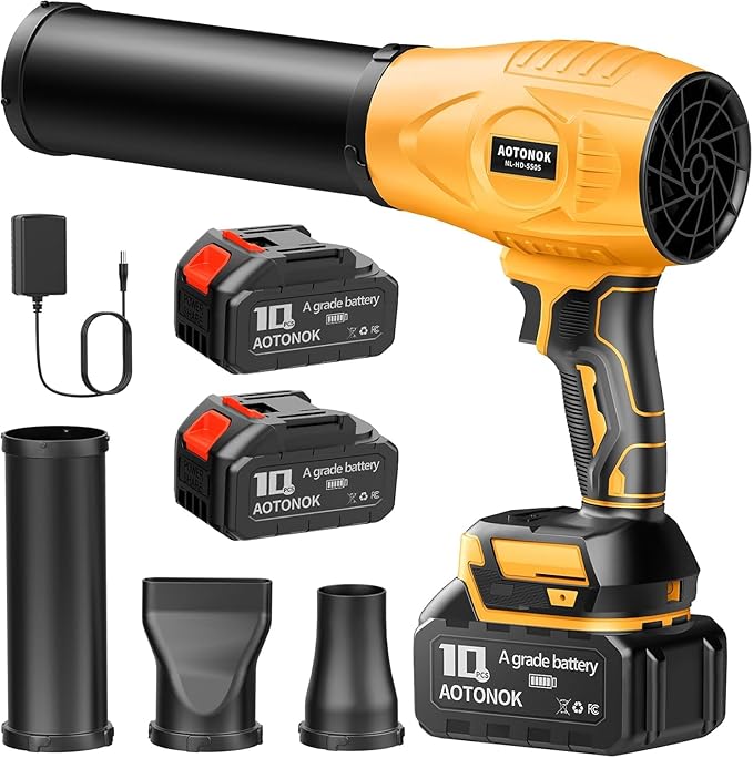 Leaf Blower Cordless, 21V Electric Handheld Leaf Blower with 2×2.0Ah Batteries & Fast Charger, Adjustable Speed, Powerful Airflow, Lightweight for Lawn Care/Yard/Leaves/Dust, Black Yellow
