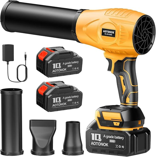 Leaf Blower Cordless, 21V Electric Handheld Leaf Blower with 2×2.0Ah Batteries & Fast Charger, Adjustable Speed, Powerful Airflow, Lightweight for Lawn Care/Yard/Leaves/Dust, Black Yellow