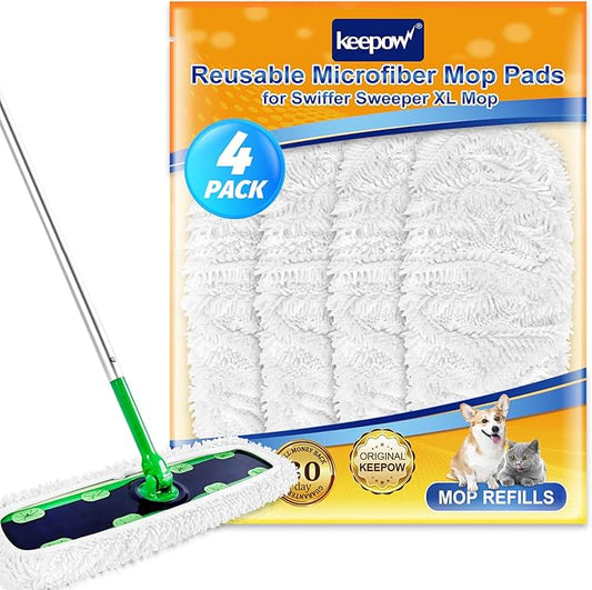 KEEPOW Reusable XL Wet Refills Compatible with Swiffer Sweeper XL, X-Large Dry Sweeping Cloths, Wet Mopping Cloths, Washable Microfiber XL Mop Pads Refills for Surface/Hardwood Floor Cleaning, 4 Pack