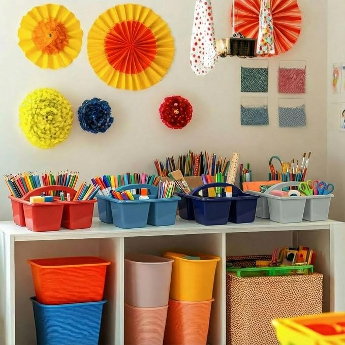Kathfly 8 Pack Caddy Organizer with Handle, Stackable Organization Storage, Small Plastic Basket Classroom Caddy for Table Desk Office Pencil Kids Room Craft Art Teacher School Supplies (Blue Orange)