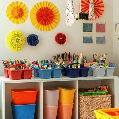 Kathfly 8 Pack Caddy Organizer with Handle, Stackable Organization Storage, Small Plastic Basket Classroom Caddy for Table Desk Office Pencil Kids Room Craft Art Teacher School Supplies (Blue Orange)