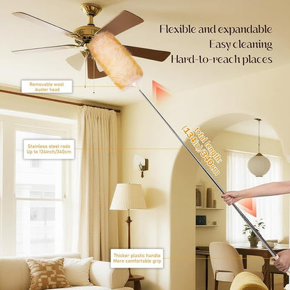 Extendable Lambswool Duster Stainless Steel Handle 133" Removable Feather Duster for Cleaning Ceiling Fans Interior Roof Furniture, Yellow