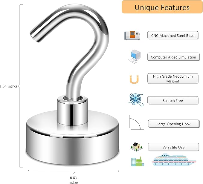 Neosmuk Magnetic Hooks, Heavy Duty 40lb+ Strong Magnet Hook for Cruise Cabins, Cruise Ship Essentials for Hanging, Metal Wall Refrigerator Hangers (Silver, 10 Pack)