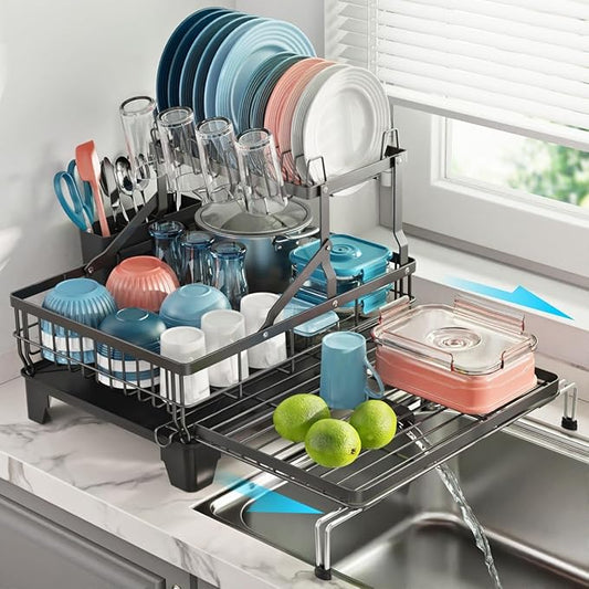 iSPECLE 2 Tier Dish Drying Rack for Kitchen Counter, Expandable Large Dish Drainer with Drainboard Set, Rust Resistant Dish Rack with Utensil & Cup Holder, 16.9" W x 14.4"-22.4" L, Black