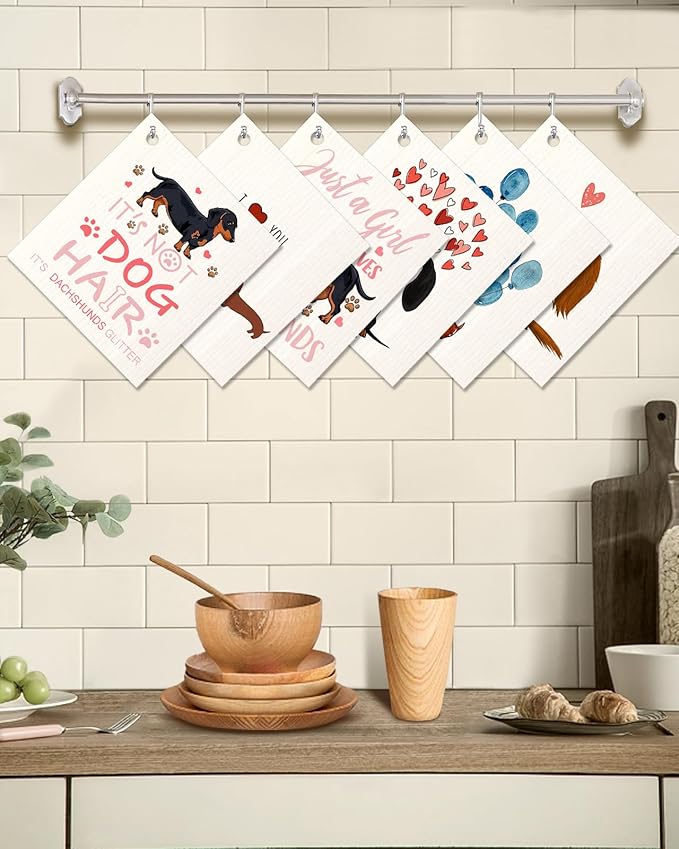 Miss Adola 6 Pack Swedish Dishcloths for Kitchen - Reusable Dish Cloths for Washing Dishes Absorbent Cute Funny Kitchen Towels Cleaning Sponge, Love Dachshund