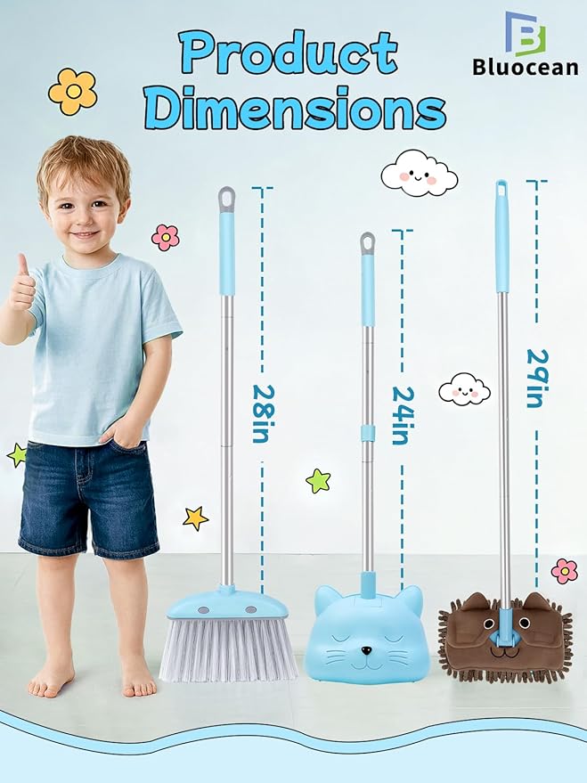 28'' Kids Mini Broom with Dustpan & Mop Set - Toddler Cleaning Toy, Toddler Household Helper, Parent-Child Interactive Play Cleaning Tool, Cute Cartoon Design, Small Safe Corner Broom (Blue)