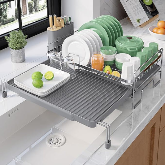 Kitsure Extendable Dish Drying Rack - Adjustable Length 12.8"–21.0", Auto-Draining Dish Rack for Kitchen Counter, Rust-Resistant Metal Frame Over-Sink Support for Plates, Bowls & Utensils, Sliver Grey