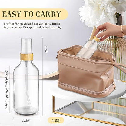 4-Pack 4 Oz Glass Spray Bottle with Bamboo Lid,Empty Refillable Fine Mist Atomizer,Leak-Proof Travel Liquid Holder Container for Cologne,Essential Oils,Room Sprays,Cleaning Solutions (Clear)