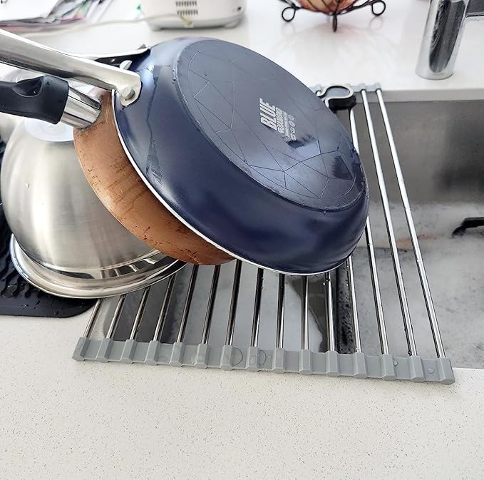 BNYD Roll Up Dish Drying Rack for Sink – 14.5" x 11" Stainless Steel Over The Sink Rack with Utensil Holder – Foldable, Heat-Resistant, Kitchen Counter Organizer